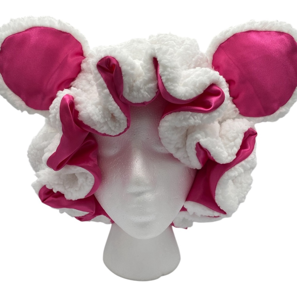 Handmade White Bear Bonnet w/ Pink Satin Lining